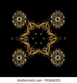 Winter vector frame with arabesques, doodles and golden snowflakes. Fine greeting card. Colorful isolated ornament on black background.