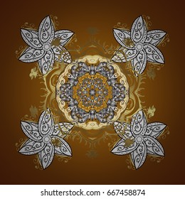 Winter vector frame with arabesques, doodles, dots and snowflakes. Fine greeting card. Colorful seamless pattern on a brown background.