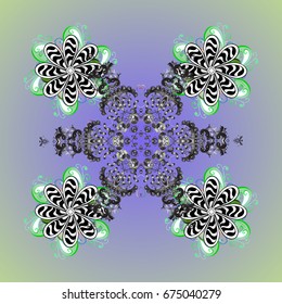 Winter vector frame with arabesques, doodles and snowflakes. Fine greeting card. Colorful ornamental pattern on colorful background.