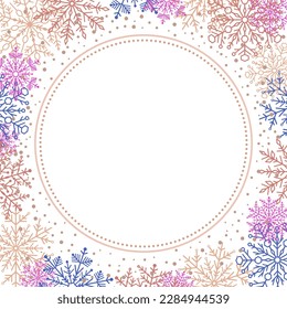 Winter vector frame with arabesques and snowflakes. Fine greeting card. Pattern with colorful snowflakes