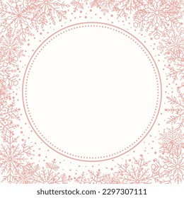 Cadre vectoriel hivernal avec arabesques et flocons de neige. Carte de voeux rose. Motif de flocons de neige
