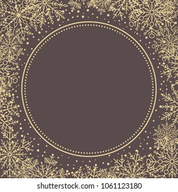 Winter vector frame with golden arabesques and snowflakes. Fine greeting card. Pattern with snowflakes