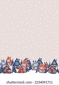 Winter vector greeting card with cute winter village and trees. Happy new year