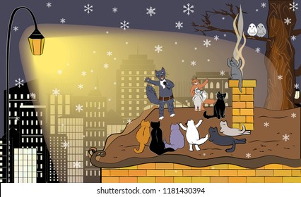 Winter vector greeting card with happy cats. Singing cat with microphone and his audience. Cute singer cat on the roof and his fans. February serenade. Cats concert.
