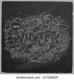 Winter Vector hand lettering and doodles elements chalkboard background