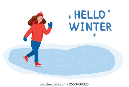 Winter vector with happy warmly dressed girl ice skating on frozen pond, Hello winter lettering