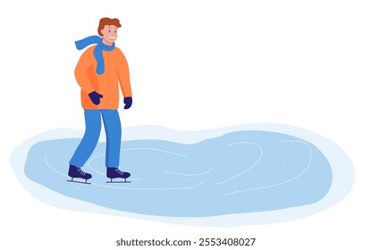 Winter vector with a happy warmly dressed man ice skating on a frozen pond