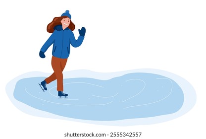 Winter vector with a happy warmly dressed girl ice skating on a frozen pond