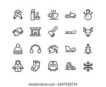 Winter Vector Icon Set | Adjustable Line Weight | Snow, snowflake, mittens, scarf, sled, snowman, hot drink, reindeer, sweater, coat, fireplace, mountains, holiday, tree icons