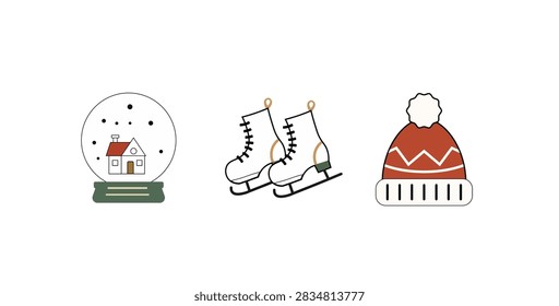 Winter vector icon set with a snow globe, ice skates, and red knitted hat
