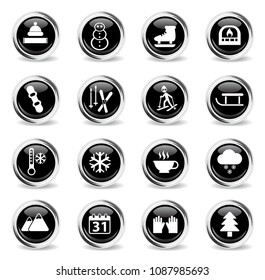 winter vector icons - black round chrome buttons