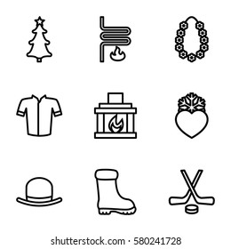 winter vector icons. Set of 9 winter outline icons such as hat, boot, jacket, heart frozen, christmas tree, garland, fireplace, heating system
