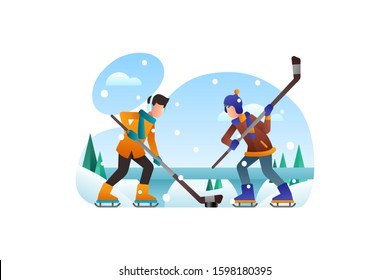 Winter vector illustration background icon element. Two boys play hockey in a frozen lake.