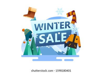 Winter vector illustration background icon element. Winter sale badge for banners surrounded by hats, shoes, scarves and gloves icons