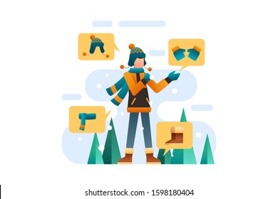 Winter vector illustration background icon element. Winter icon set with man wearing hat, scarf, jacket, gloves and boots.