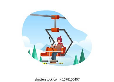 Winter vector illustration background icon element. A skier rides a cable car to go up the mountain or hill.