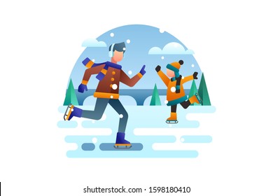 Winter vector illustration background icon element. The siblings are skiing in the middle of the frozen lake