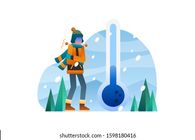 Winter vector illustration background icon element. A man shivering from the extreme cold with a large blue thermoter icon on the background