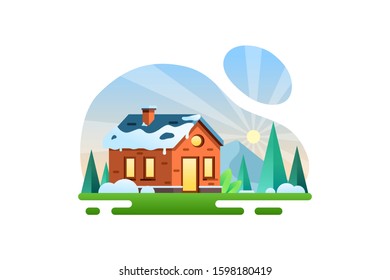 Winter vector illustration background icon element. Transition from winter to spring with ice melting on the roof of the house