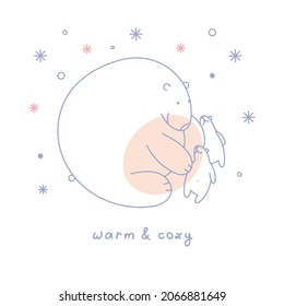 Winter vector illustration. A bear with bear cubs on a background of snowflakes. Blue and Pink. Suitable for cards, Christmas cards, invitations, greetings and others