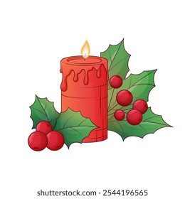 Winter vector illustration of candle with flame with holly. For new year card design, poster decoration, banner. Merry Christmas, cozy winter, New Year concept. Home interior accessory concept.