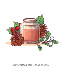 Winter vector illustration of candle with flame with pine cones, holly. For new year card design, poster decoration, banner. Merry Christmas, cozy winter, New Year concept. Home interior accessory.