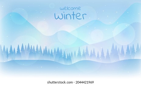Winter vector illustration cartoon 2D style. Panoramic view. Banner template. Flat winter landscape. Snowy background. Snowdrift. Snowfall. Clear blue sky. Blizzard. Snowy weather. 