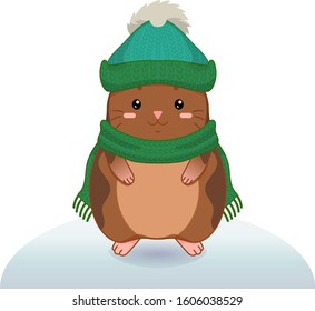 Winter vector illustration with cartoon animal character isolated on white background. Cute happy hamster.