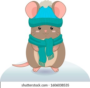 Winter vector illustration with cartoon animal character isolated on white background. Cute happy mouse.
