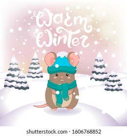 Winter vector illustration with cartoon animal character on the snowy landscape and snowfall background with a beautiful lettering inscription. Cute happy mouse with winter calligraphy text.
