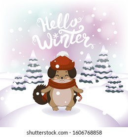 Winter vector illustration with cartoon animal character on the snowy landscape and snowfall background with a beautiful lettering inscription. Cute happy dog with winter calligraphy text.