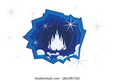 Ilustración vectorial de invierno con castillo y copos de nieve.