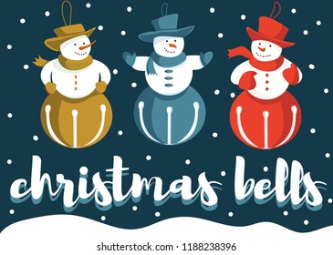 Winter vector illustration. Characters snowmen-bells. Set of Christmas toys - snowmen in hats and scarves. Christmas bells in cartoon style.