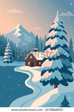 Winter vector illustration with a cozy house on the shore of a frozen lake, snow-covered forest at sunset and a view of the mountains. For festive New Year, Christmas cards and seasonal promotions