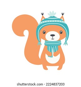 winter vector illustration of cute cartoon squirrel isolated on white background, christmas animal in green knitting hat and scarf