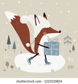 Winter vector illustration of cute fox wearing fluffy hat with a gift, racing skates in the forest with christmas tree. Graphic drawing animal poster for kids room. Wallpaper, postcard, greeting card