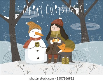 Winter. Vector illustration of cute greeting card for merry christmas and happy new year. Freehand drawing of a girl a snow maiden, a snowman and an animal fox on nature in a fairy forest.
