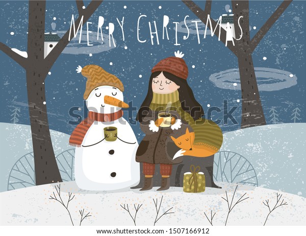 冬だ 聖降誕祭と新年のお目出度いにかわいいグリーティングカードのベクターイラスト 妖精の森の自然の上に 女の子と雪女 雪だるま 動物のキツネをフリーハンドで描く のベクター画像素材 ロイヤリティフリー