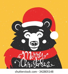 Winter vector illustration with cute hipster smiley bear in christmas hat with lettering text. Vintage style background, perfect new year greeting card design, banner, t-shirt print. Merry Christmas. 