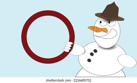 Winter vector illustration. Cute snowman with a hat on his head. A snowman holding a circular frame in red. Snowman, hat, smile, frame, red, white, winter.