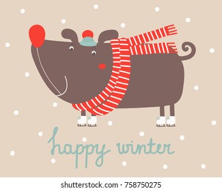 Winter vector illustration with dog in a striped scarf on a beige background