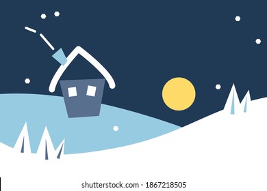 Winter vector illustration with empty space. Night landscape, house, snowdrifts, moon. Design for banner, flyer, brochure, card, poster Winter holiday design. Perfect for holiday greeting