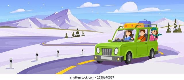 Winter vector illustration of a family traveling by car on a snowy road trip. A father, mother, and daughter on a journey to the mountains. The snow covered landscape background for any travel design.