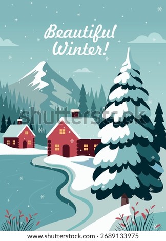 Winter vector illustration featuring a cozy cottage on the shore of a frozen lake, a snow-covered forest, a mountain view. For Christmas, New Year's cards, backgrounds, holiday designs, social media