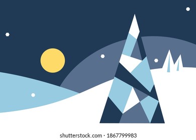 Ilustración vectorial de invierno con árbol de abetos y espacio vacío. Paisaje nocturno, árbol de Navidad, nevadas, luna. Diseño para banner, volante, folleto, tarjeta, póster Diseño de vacaciones de invierno Perfecto para saludar