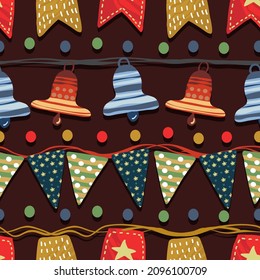 Winter vector illustration with Garland flags and bells. dark  background, seamless pattern