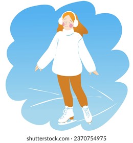 Winter vector illustration with girl who enjoys skating on an ice rink.