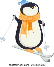 Winter vector illustration for greeting card or banner for Christmas or New Year. A funny penguin in a knitted hat and scarf is drawn. The penguin goes skiing. The illustration is isolated on a white 