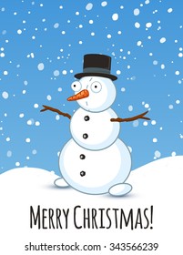 Winter vector illustration. Greeting card with snowmen and snowfall. Illustration for Christmas design.