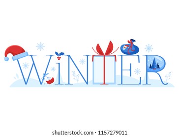 Winter vector illustration horizontal banner with word and various winter and holiday symbols isolated on white background - flat traditional elements for greeting or promotion design.